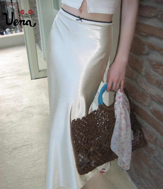Satin Lace Bow Mid-waist Long Skirt