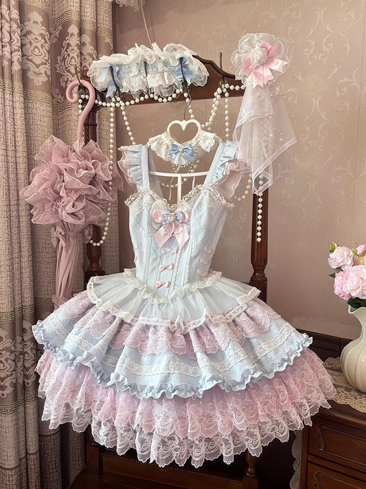Balletcore Lolita Blue-Pink Puff Balloon Birthday Princess Dress