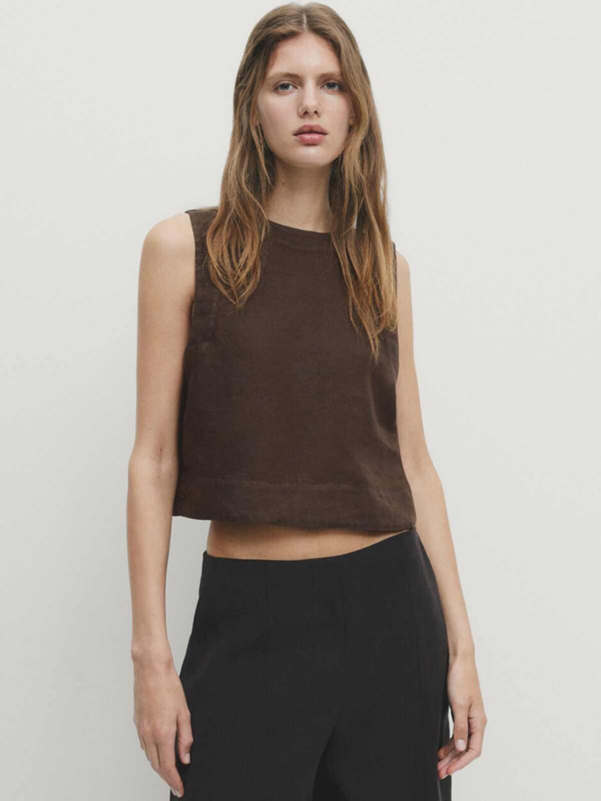 Brown Light Linen Crop Top