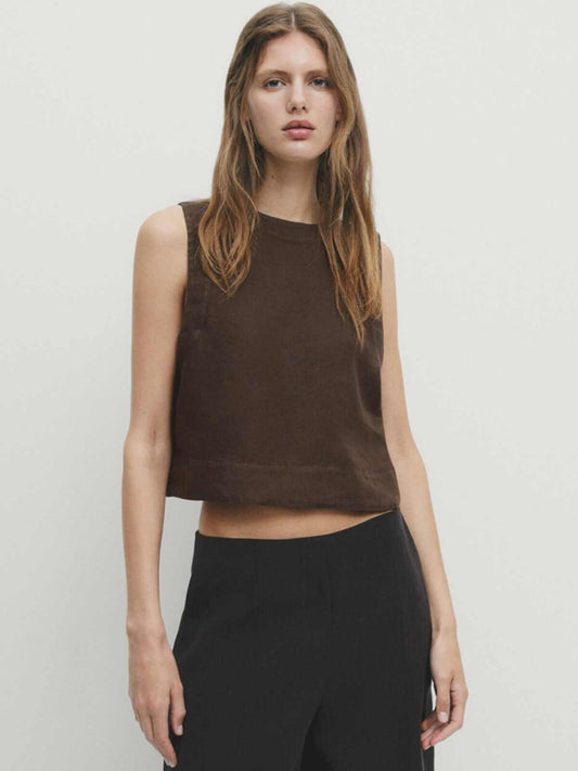 Brown Light Linen Crop Top