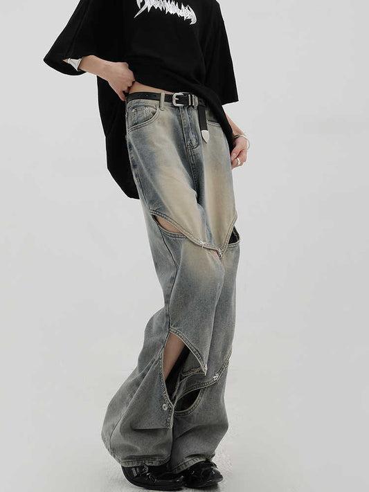 Retro Washed Ripped Wide Leg Jeans