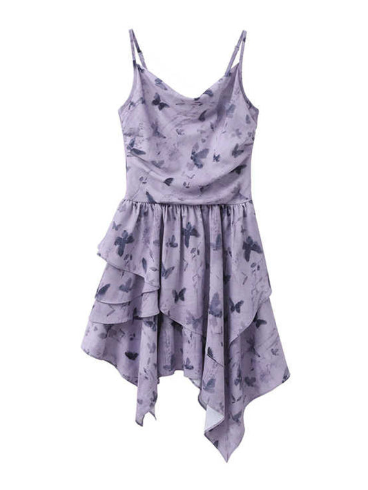 Purple Butterfly Print Suspender Dress