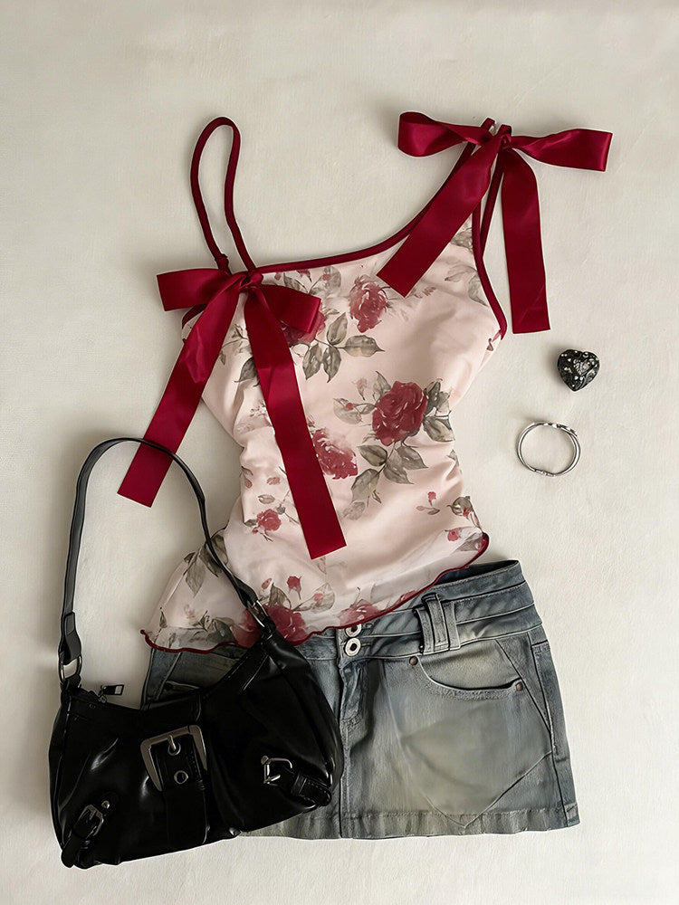 red retro roses straps tank top