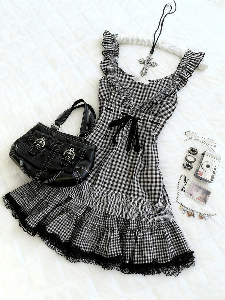 retro plaid bow lace dress