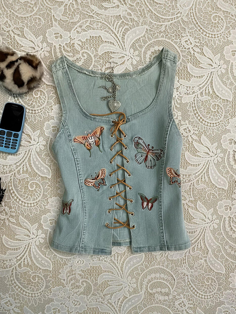 denim butterfly straps corp top