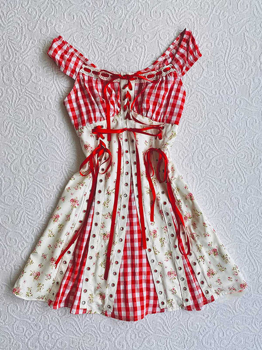 Red Plaid Patchwork Suspender Dress