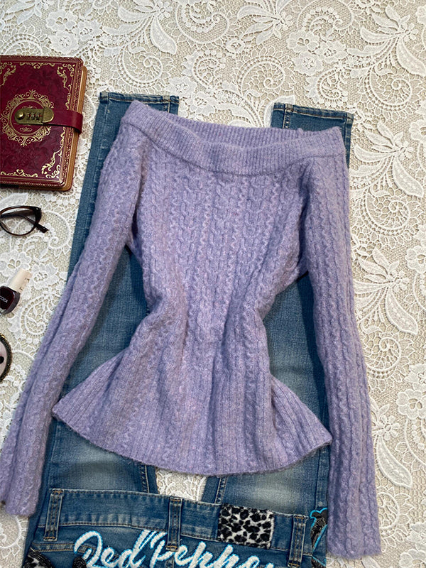 purple one-shoulder knitted sweater