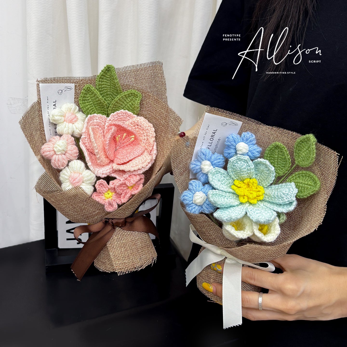 Hand-knitted small flowers bouquet