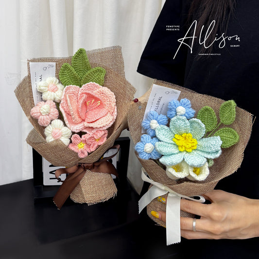 Hand-knitted small flowers bouquet