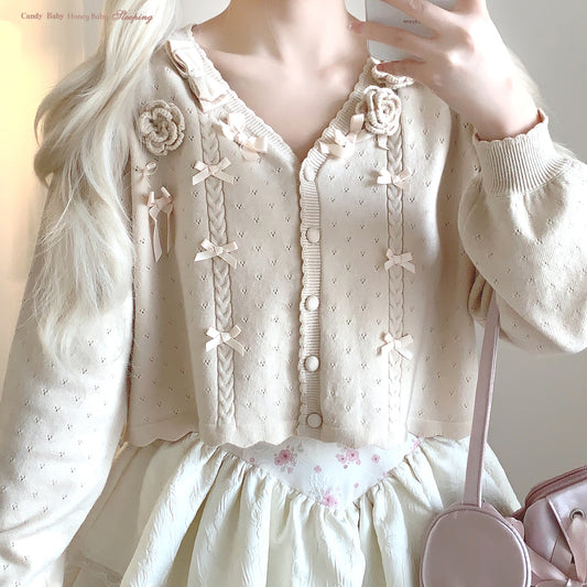 bow rose twist hollow knitted cardigan