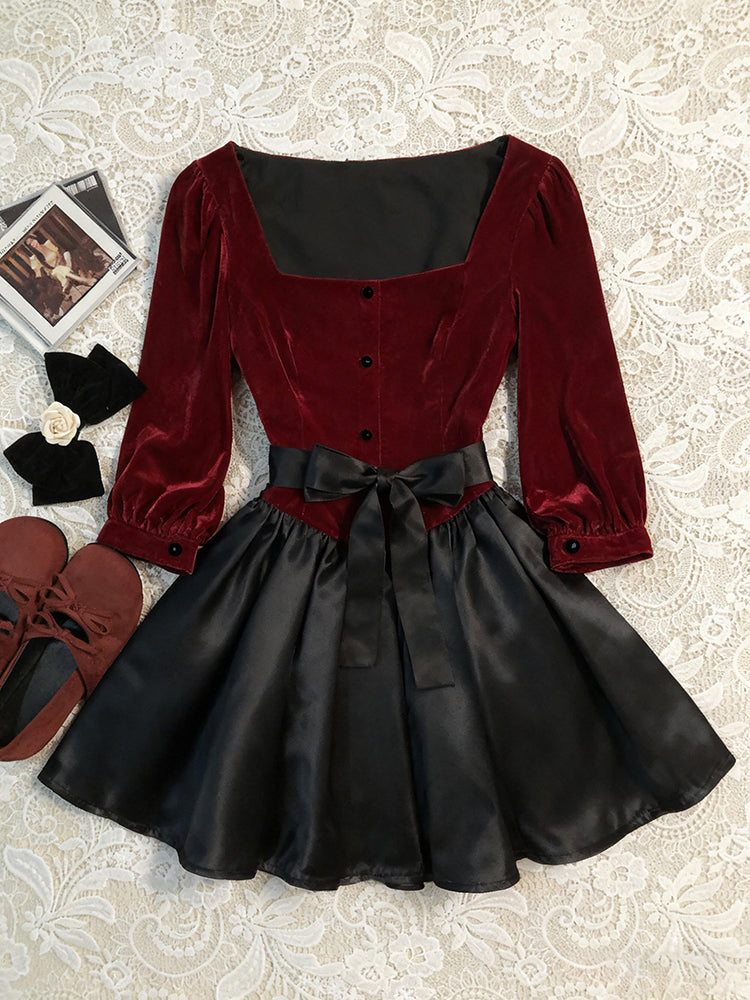 red retro elegant square neck dress