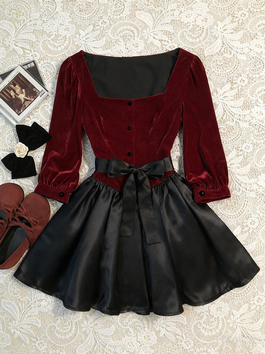 red retro elegant square neck dress