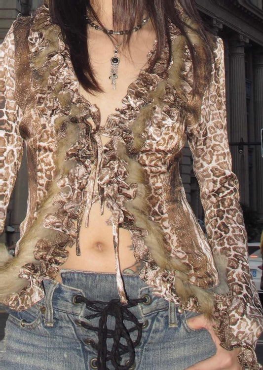 Y2K Leopard Ruffled Cardigan