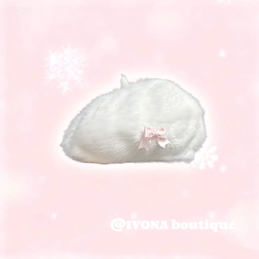 bow white fur kawaii hat