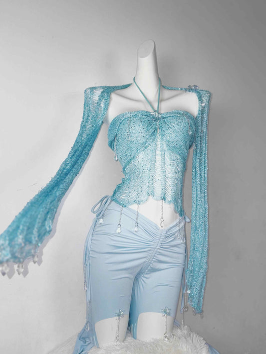 Blue Sequined Handmade Crochet Tube Top