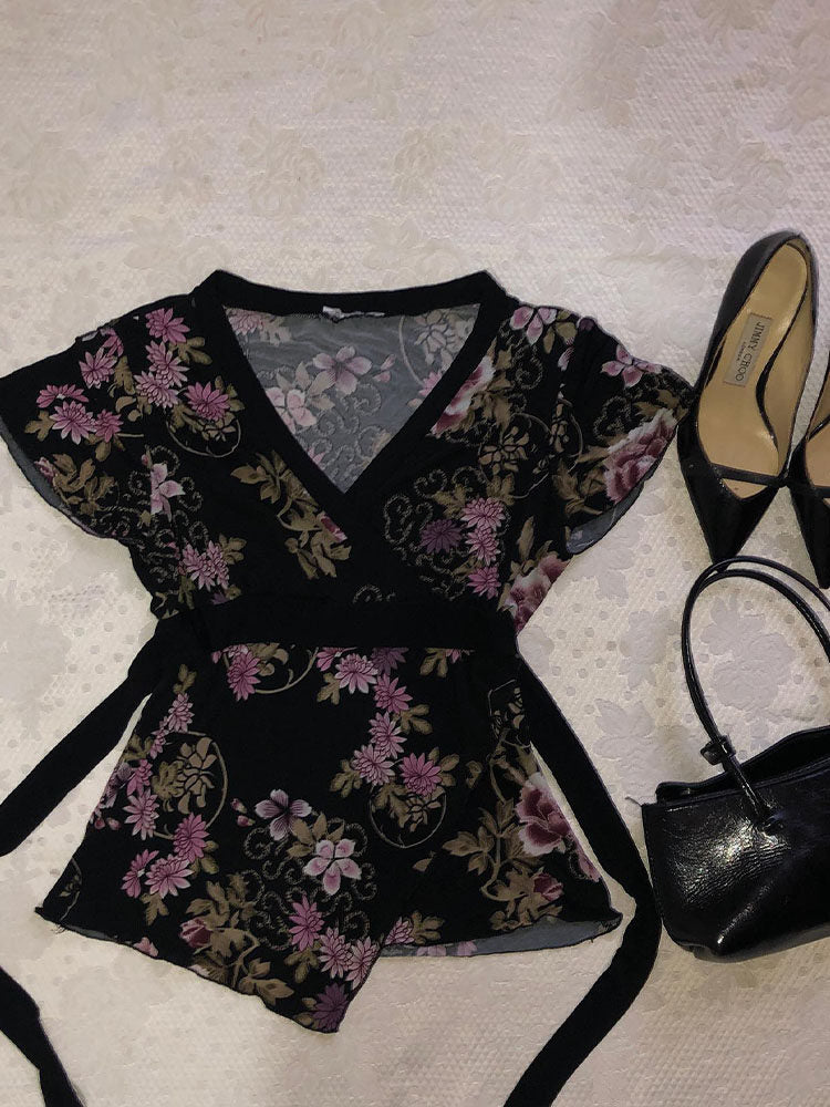 black floral v-neck shirt