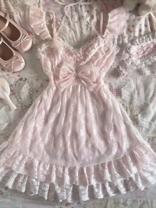 coquette pink lace bow dress