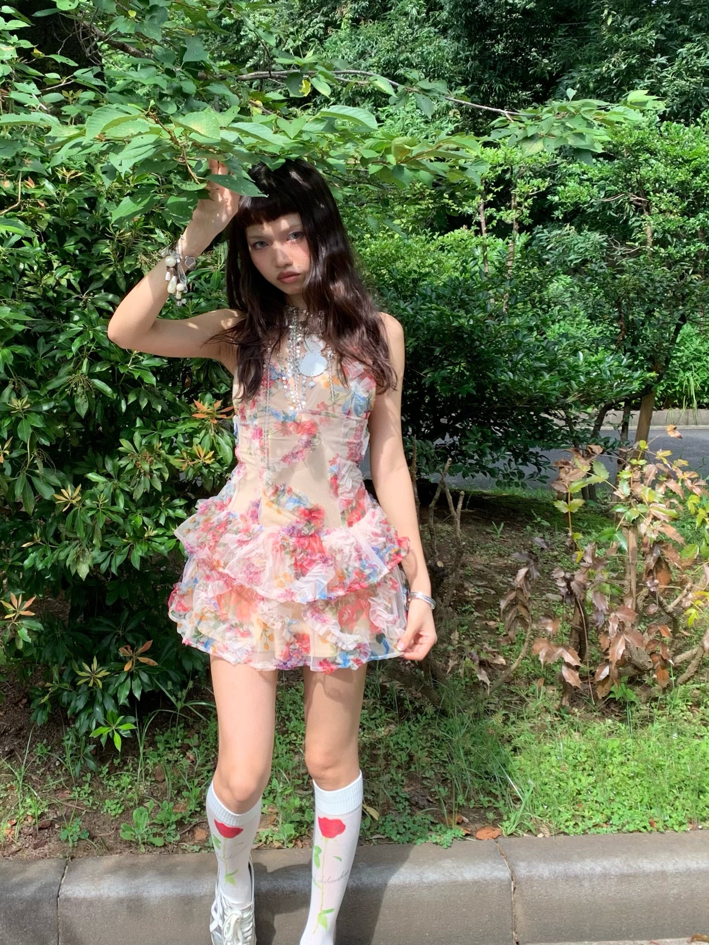 Fairyland Puff Short Nude Printed Mesh Dress