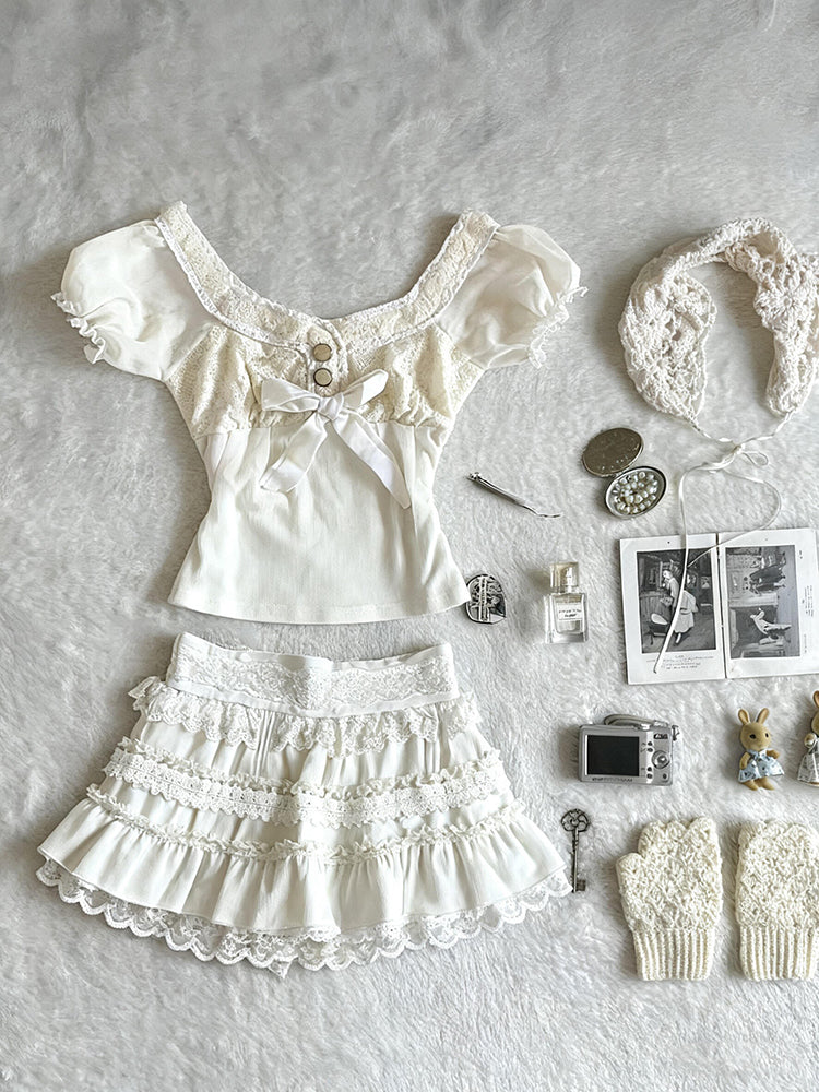 retro white lace top+skirt suit