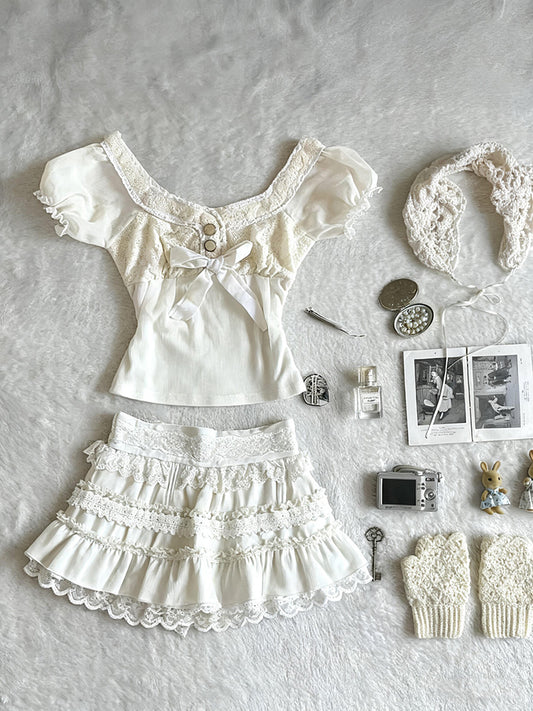 retro white lace top+skirt suit