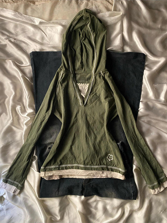 green fake two-piece hoodie long-sleeved Top
