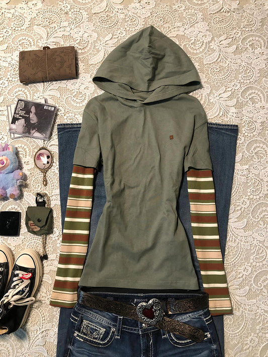 splicing fake two-piece striped long-sleeved top