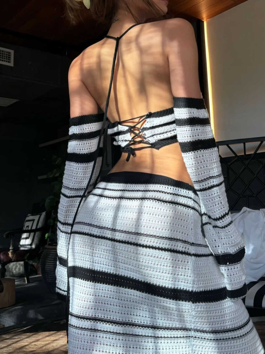 Striped Knitted Halter Strap Top + Skirt