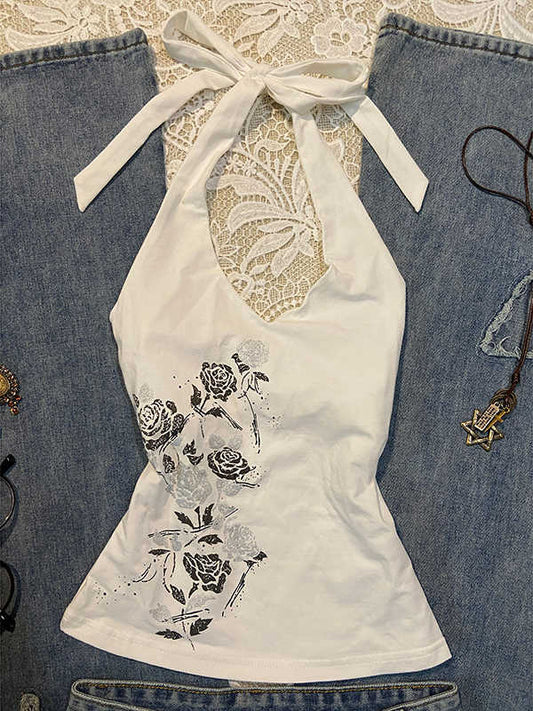 Rose Printed Halter Neck Top