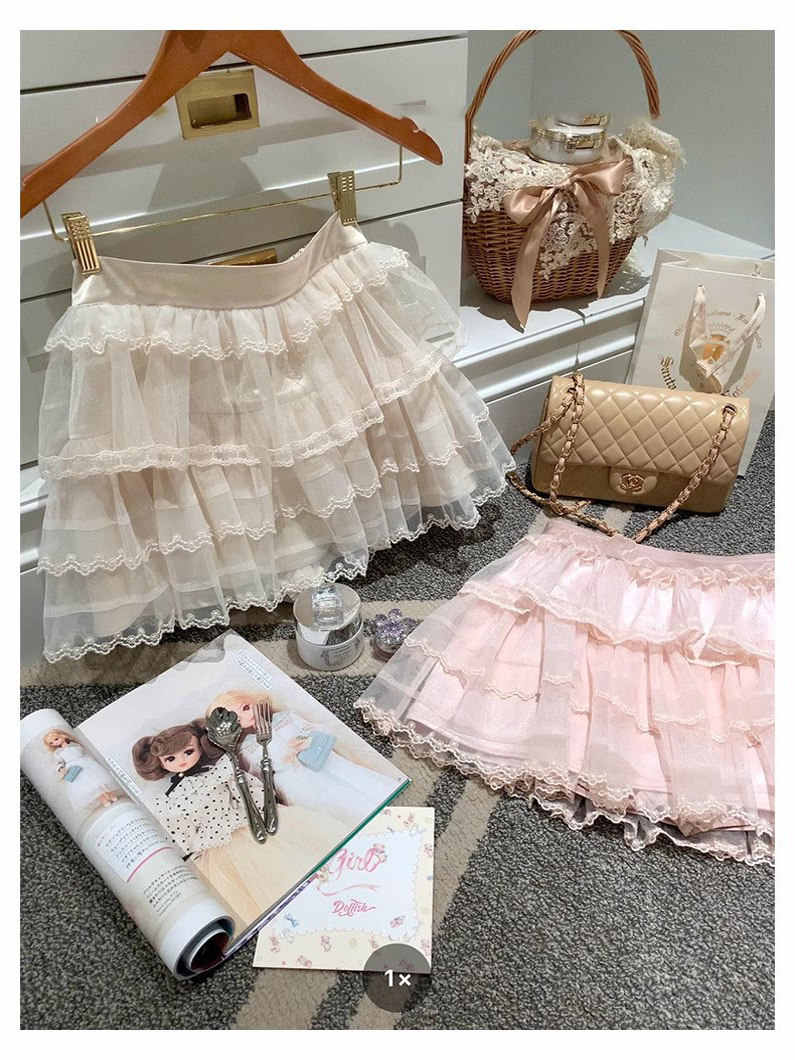 Cream Lace Puffy Cake Skirt