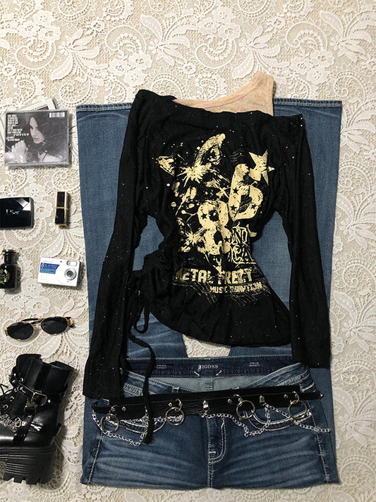 American retro butterfly graffiti off-shoulder long-sleeved top