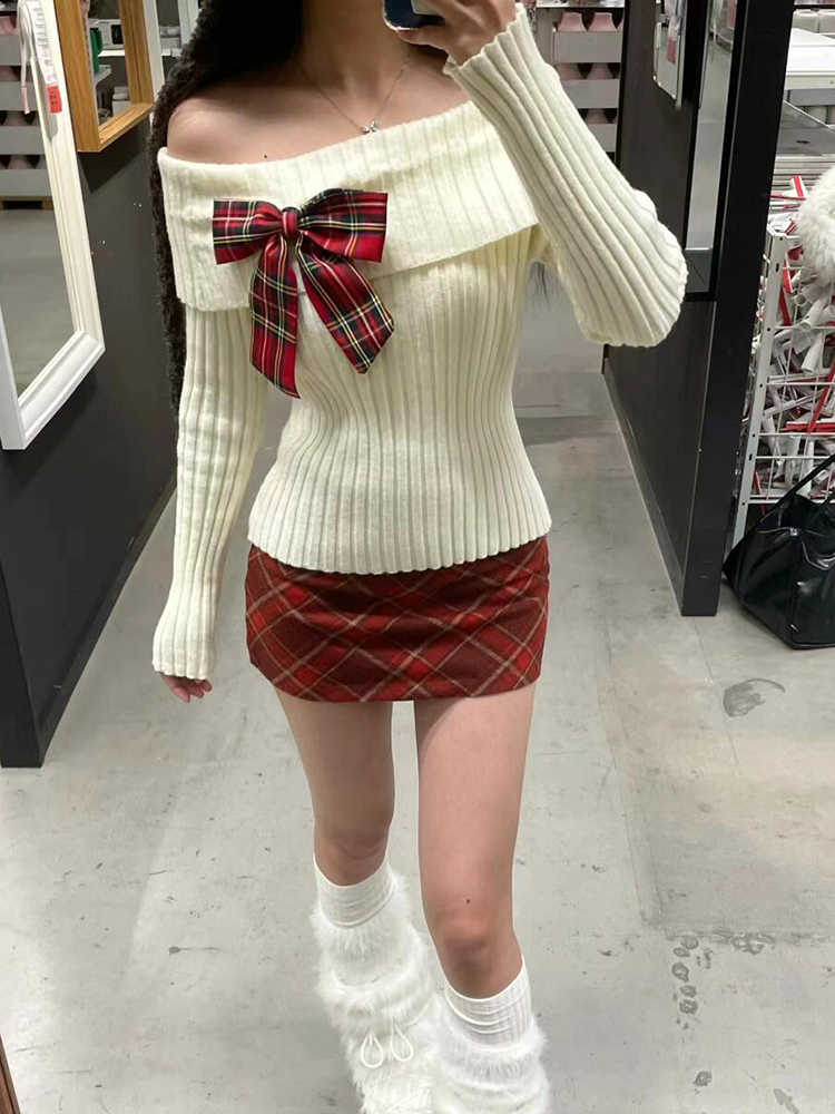 Christmas Bow White Off the Shoulder Sweater