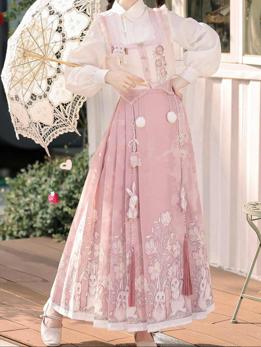 Hanfu Aesthetic Pink Rabblit Shirt + Skirt Suit