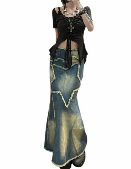 Y2K Vintage Star Maxi Denim Skirt