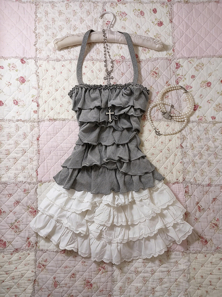 retro gray ruffled tank top