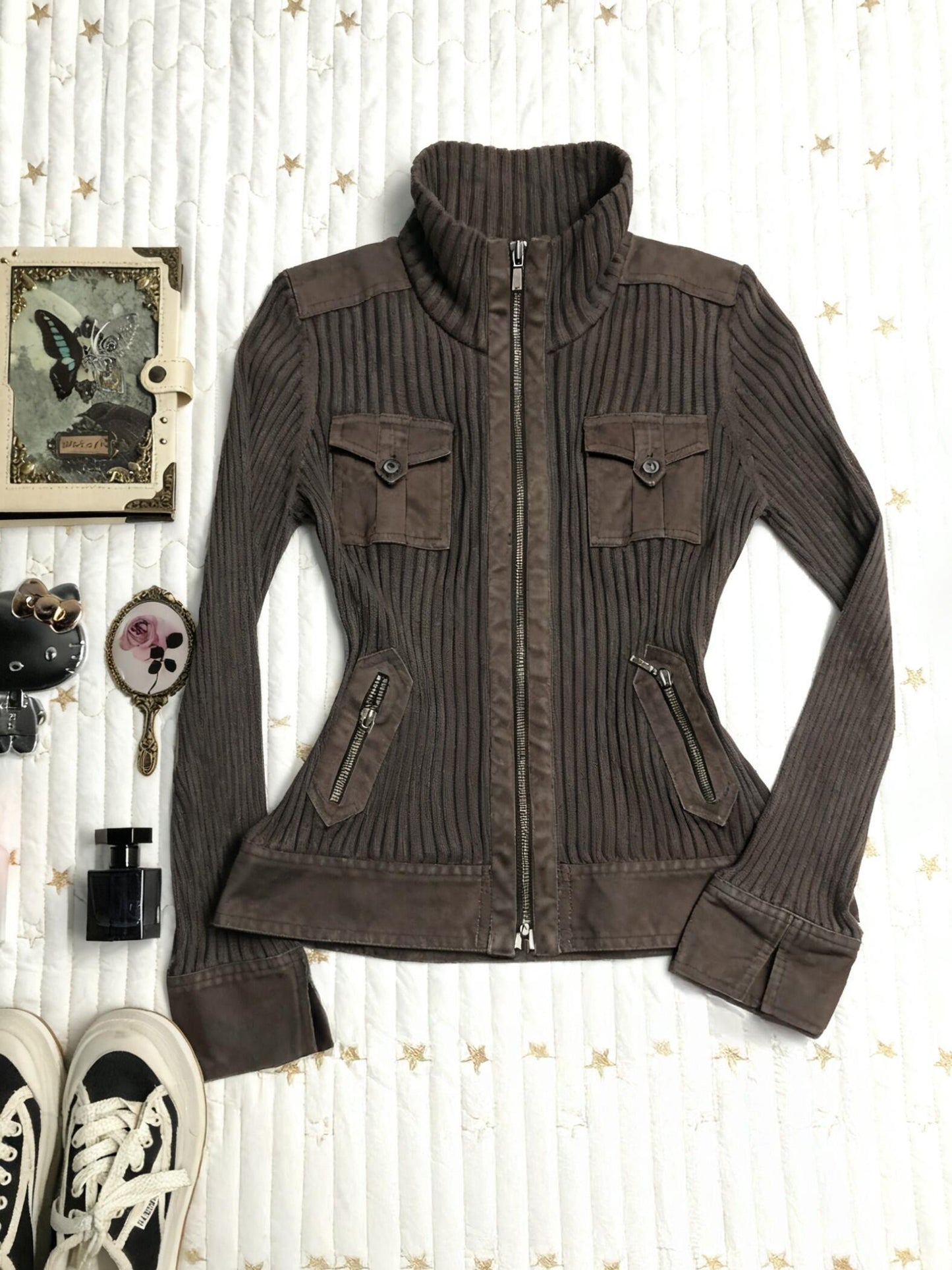 brown retro stand-up collar slim knitted cardigan