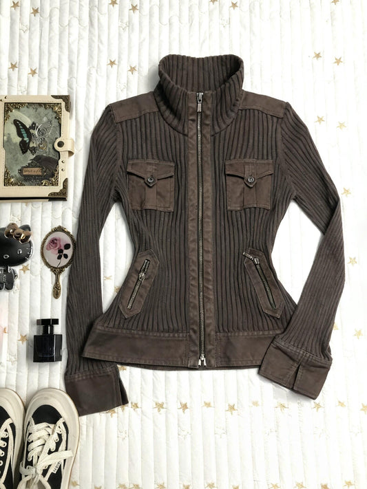 brown retro stand-up collar slim knitted cardigan