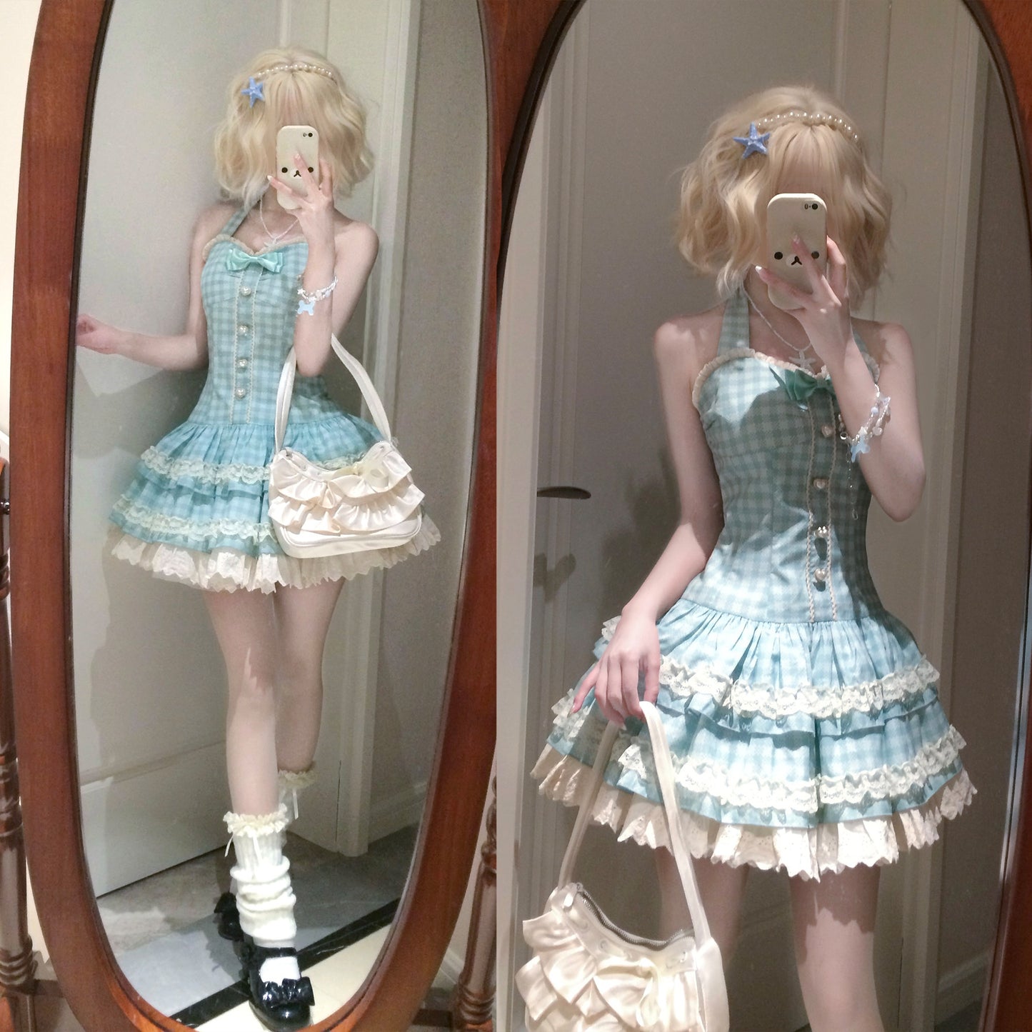 plaid retro cake skirt bow dress