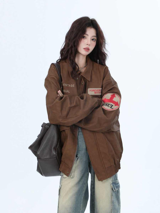 Retro Uniform Brown Leather Jacket