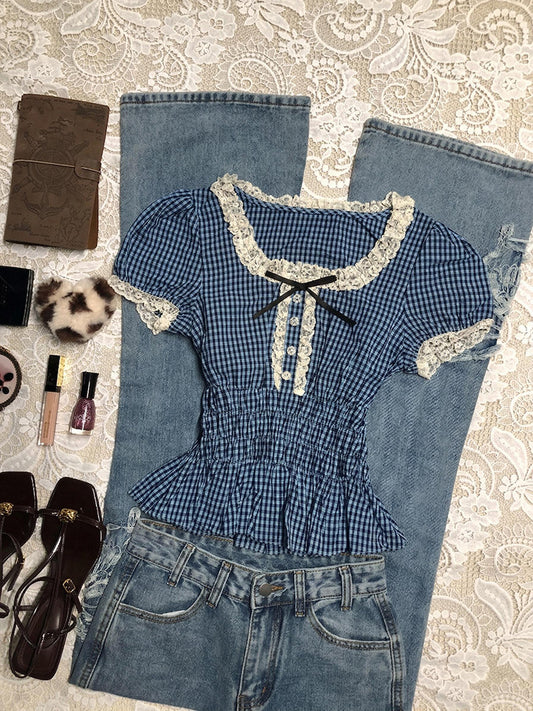 blue plaid puff-sleeved shirt