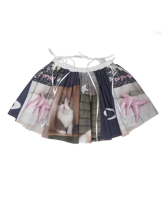 Retro Cat Elastic Mini Skirt