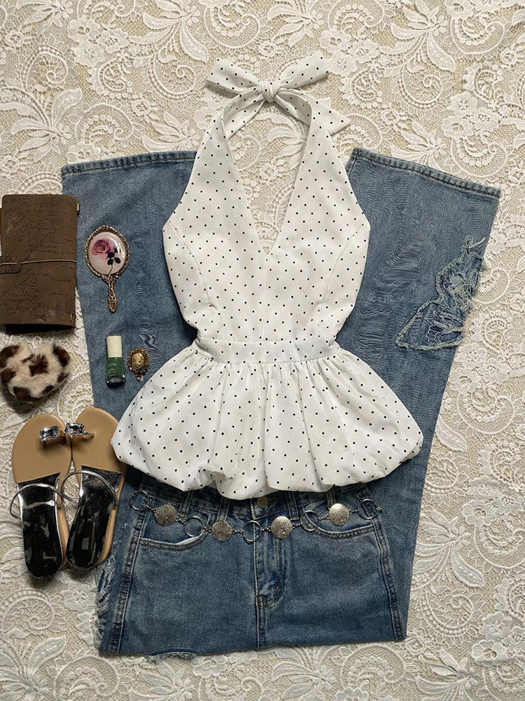 white polka dots halter top
