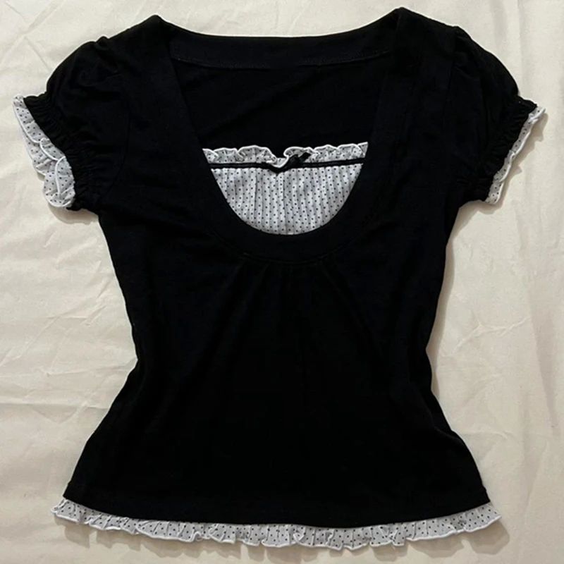 Korean Kawaii Patchwork Women T-shirt Y2K Aesthetic Vintage
