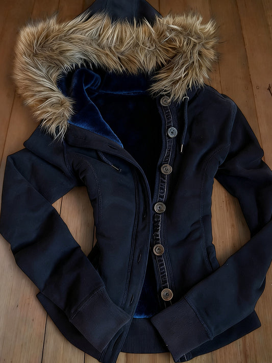 Retro blue fur hooded jacket