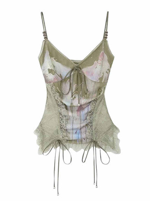 Lace Splicing Printed Tank Top