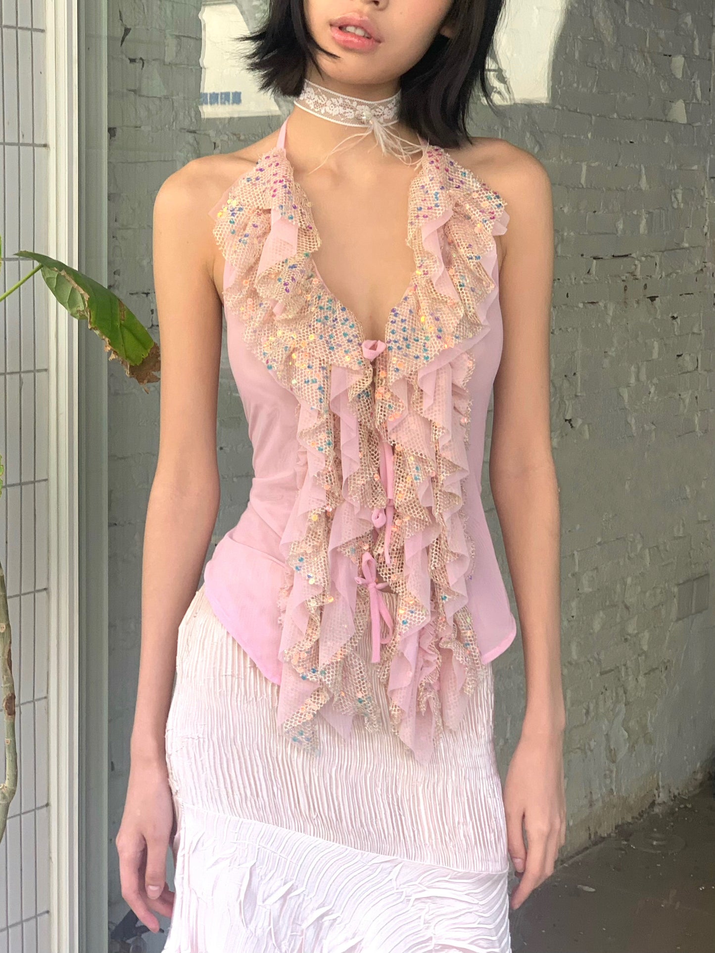 Sequin Ruffle Halter Neck Camisole Top