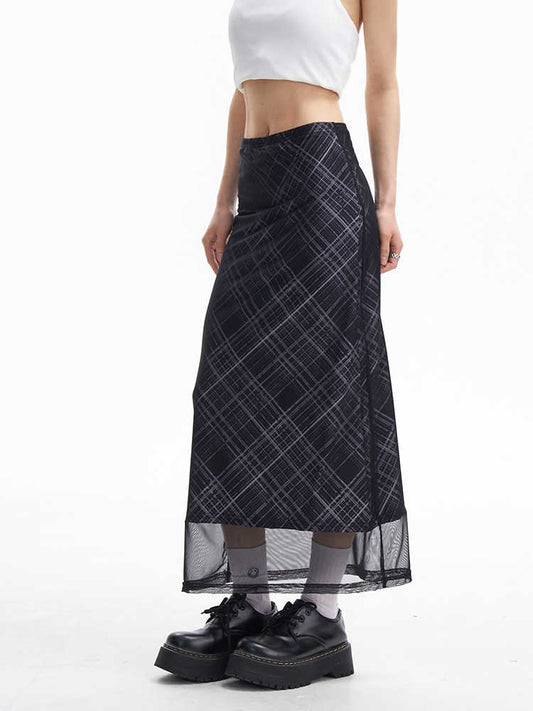 Preppy Retro Black Plaid Maxi Skirt