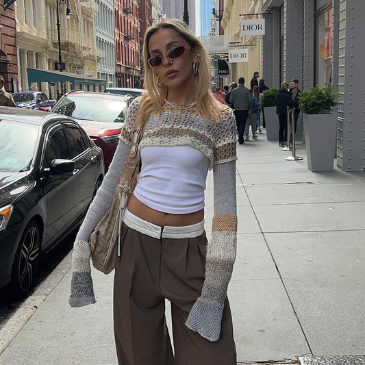 crochet street casual round neck striped long-sleeved top