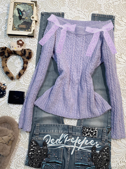 purple one-shoulder sweater