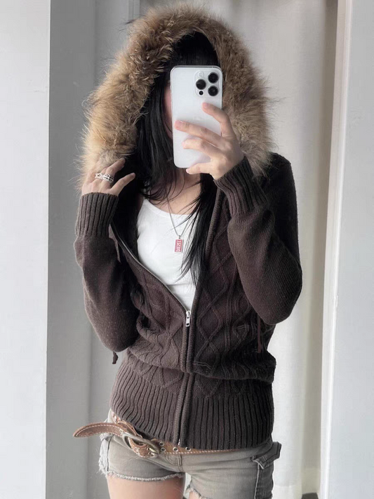 Retro twist hooded zipper knitted cardigan