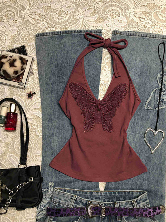 Bow Embroidered Halter-neck Top